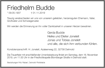 Anzeige  Friedhelm Budde  Lippische Landes-Zeitung
