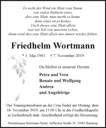 Anzeige  Friedhelm Wortmann  Lippische Landes-Zeitung