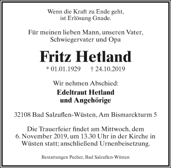 Anzeige  Fritz Hetland  Lippische Landes-Zeitung