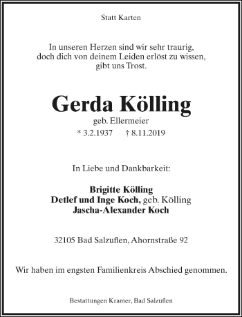 Anzeige  Gerda Kölling  Lippische Landes-Zeitung