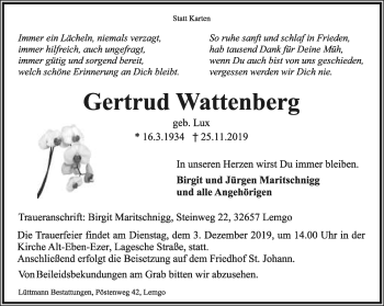 Anzeige  Gertrud Wattenberg  Lippische Landes-Zeitung