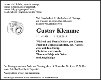 Anzeige  Gustav Klemme  Lippische Landes-Zeitung