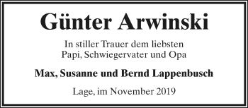 Anzeige  Günter Arwinski  Lippische Landes-Zeitung