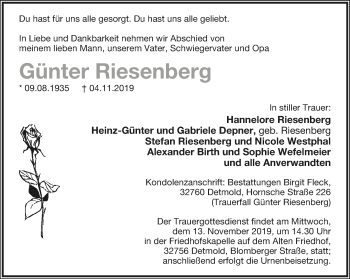 Anzeige  Günter Riesenberg  Lippische Landes-Zeitung