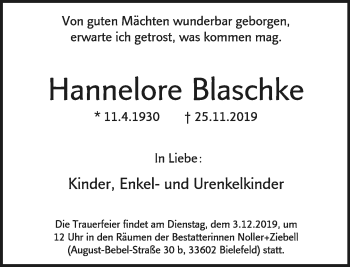 Anzeige  Hannelore Blaschke  Lippische Landes-Zeitung