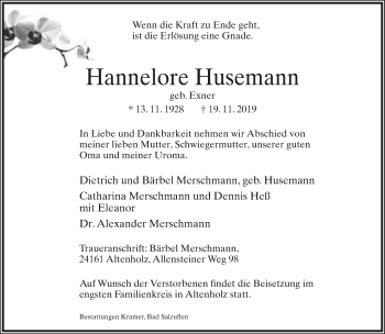 Anzeige  Hannelore Husemann  Lippische Landes-Zeitung
