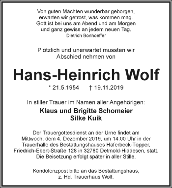 Anzeige  Hans-Heinrich Wolf  Lippische Landes-Zeitung