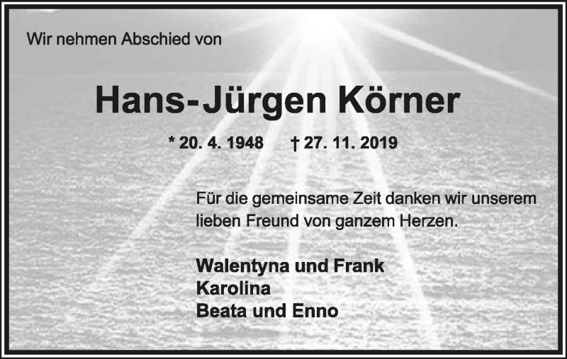  Traueranzeige für Hans-Jürgen Körner vom 30.11.2019 aus Lippische Landes-Zeitung