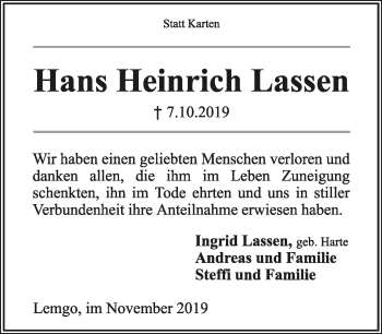 Anzeige  Hans Heinrich Lassen  Lippische Landes-Zeitung