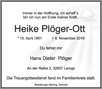Anzeige  Heike Plöger-Ott  Lippische Landes-Zeitung