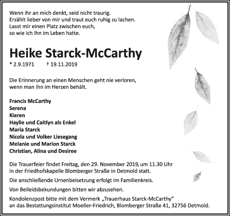  Traueranzeige für Heike Starck-McCarthy vom 23.11.2019 aus Lippische Landes-Zeitung