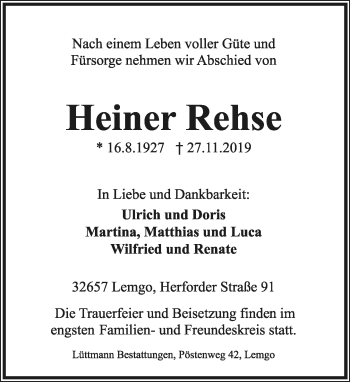 Anzeige  Heiner Rehse  Lippische Landes-Zeitung