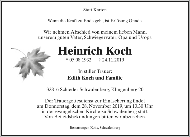  Traueranzeige für Heinrich Koch vom 26.11.2019 aus Lippische Landes-Zeitung