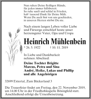 Anzeige  Heinrich Mühlenbein  Lippische Landes-Zeitung