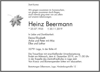 Anzeige  Heinz Beermann  Lippische Landes-Zeitung