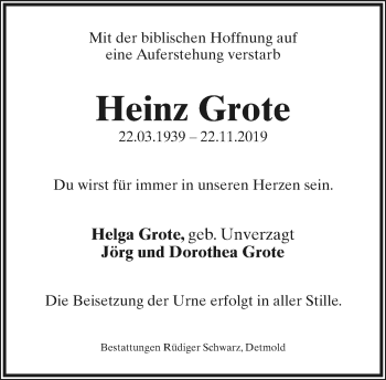 Anzeige  Heinz Grote  Lippische Landes-Zeitung
