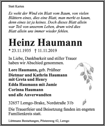 Anzeige  Heinz Haumann  Lippische Landes-Zeitung
