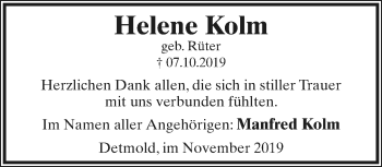 Anzeige  Helene Kolm  Lippische Landes-Zeitung