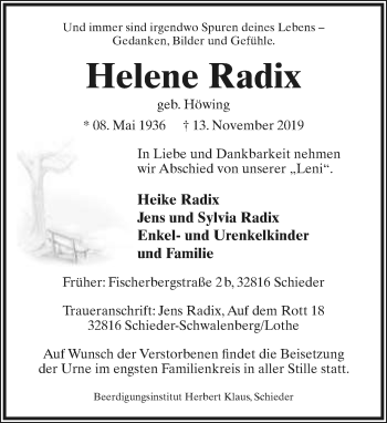 Anzeige  Helene Radix  Lippische Landes-Zeitung