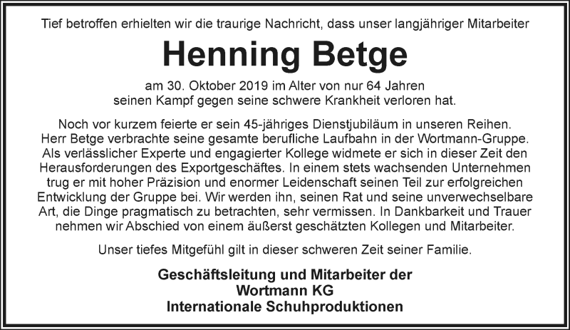  Traueranzeige für Henning Betge vom 01.11.2019 aus Lippische Landes-Zeitung