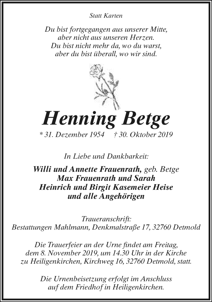  Traueranzeige für Henning Betge vom 01.11.2019 aus Lippische Landes-Zeitung