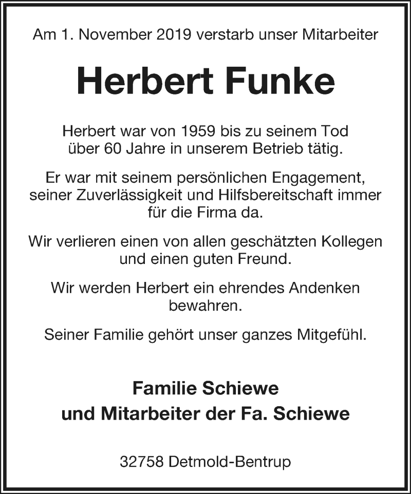  Traueranzeige für Herbert Funke vom 06.11.2019 aus Lippische Landes-Zeitung