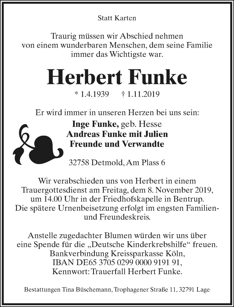  Traueranzeige für Herbert Funke vom 06.11.2019 aus Lippische Landes-Zeitung
