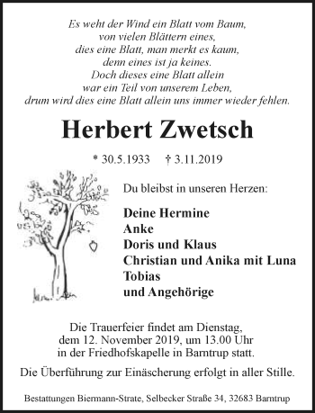 Anzeige  Herbert Zwetsch  Lippische Landes-Zeitung