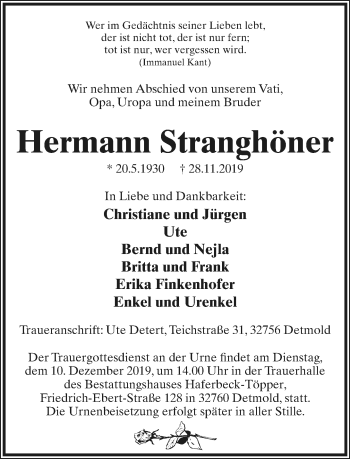 Anzeige  Hermann Stranghöner  Lippische Landes-Zeitung