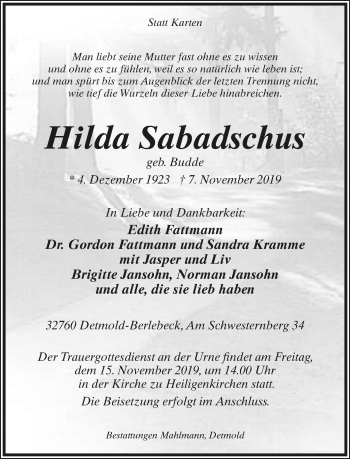 Anzeige  Hilda Sabadschus  Lippische Landes-Zeitung