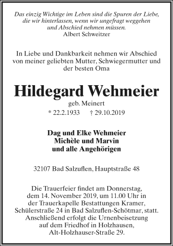 Anzeige  Hildegard Wehmeier  Lippische Landes-Zeitung