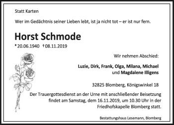 Anzeige  Horst Schmode  Lippische Landes-Zeitung