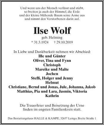 Anzeige  Ilse Wolf  Lippische Landes-Zeitung