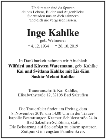 Anzeige  Inge Kahlke  Lippische Landes-Zeitung