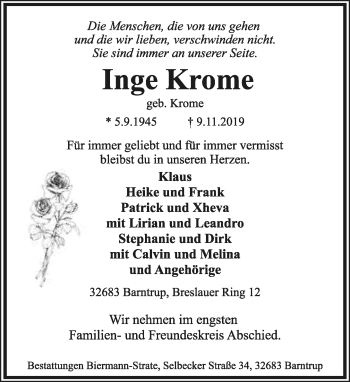 Anzeige  Inge Krome  Lippische Landes-Zeitung