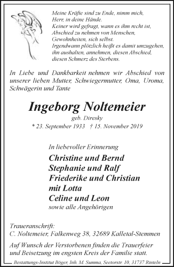 Anzeige  Ingeborg Noltemeier  Lippische Landes-Zeitung