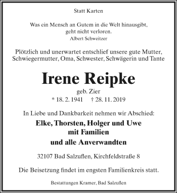 Anzeige  Irene Reipke  Lippische Landes-Zeitung