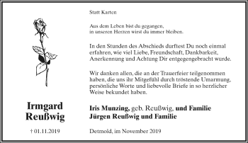 Anzeige  Irmgard Reußwig  Lippische Landes-Zeitung