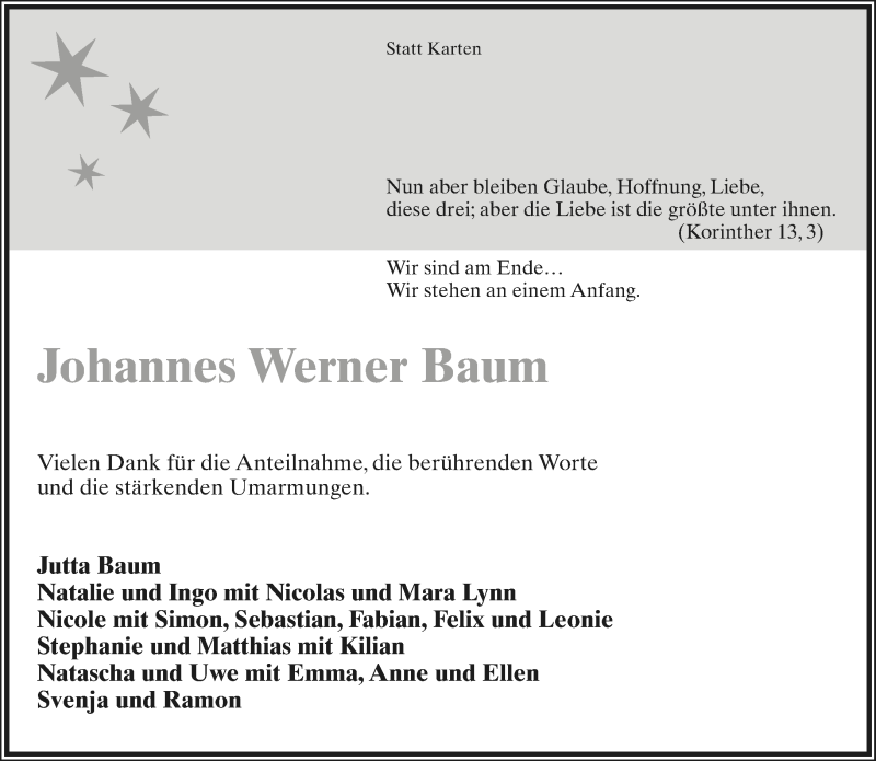 Traueranzeige für Johannes Werner Baum vom 01.11.2019 aus Lippische Landes-Zeitung