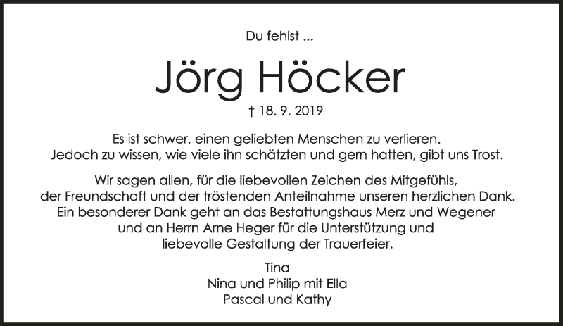  Traueranzeige für Jörg Höcker vom 01.11.2019 aus Lippische Landes-Zeitung