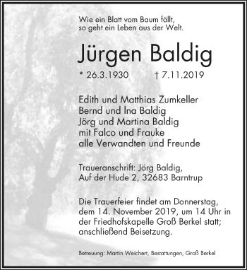 Anzeige  Jürgen Baldig  Lippische Landes-Zeitung