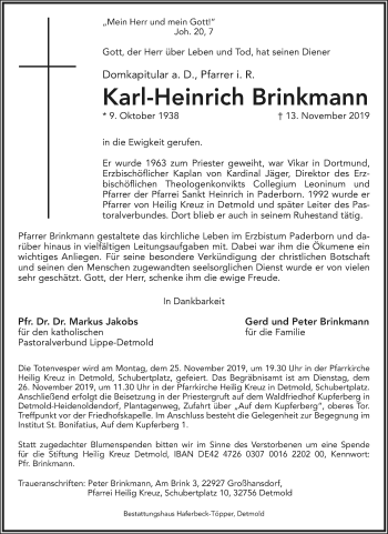 Anzeige  Karl-Heinrich Brinkmann  Lippische Landes-Zeitung