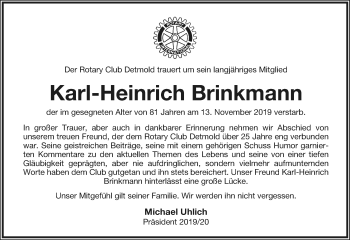 Anzeige  Karl-Heinrich Brinkmann  Lippische Landes-Zeitung