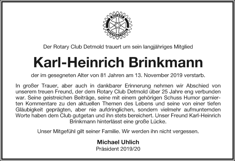  Traueranzeige für Karl-Heinrich Brinkmann vom 23.11.2019 aus Lippische Landes-Zeitung