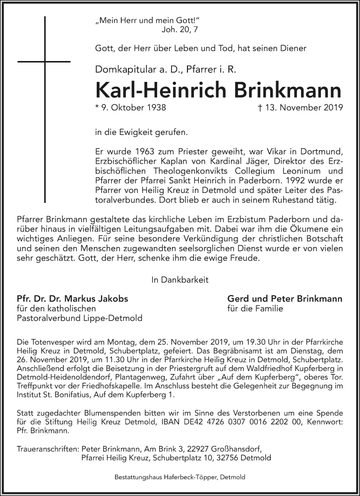  Traueranzeige für Karl-Heinrich Brinkmann vom 20.11.2019 aus Lippische Landes-Zeitung