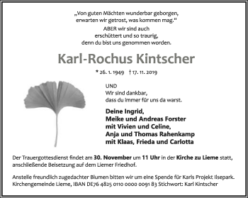 Anzeige  Karl-Rochus Kintscher  Lippische Landes-Zeitung