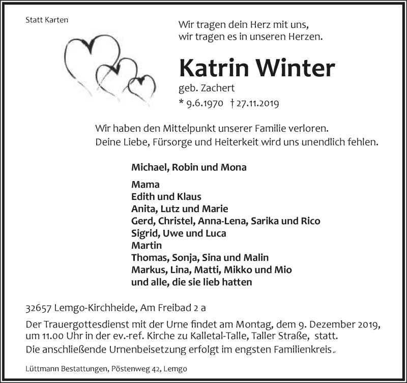  Traueranzeige für Katrin Winter vom 30.11.2019 aus Lippische Landes-Zeitung
