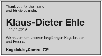 Anzeige  Klaus-Dieter Ehle  Lippische Landes-Zeitung