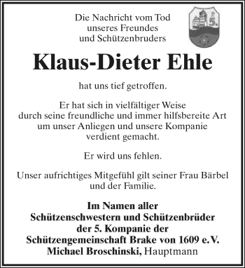 Anzeige  Klaus-Dieter Ehle  Lippische Landes-Zeitung