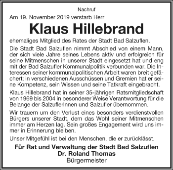 Anzeige  Klaus Hillebrand  Lippische Landes-Zeitung